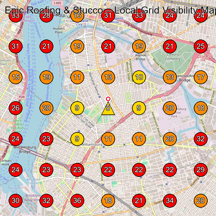Epic Roofing & Stucco GeoGrid visibility map for Roofing Contractor in Brooklyn